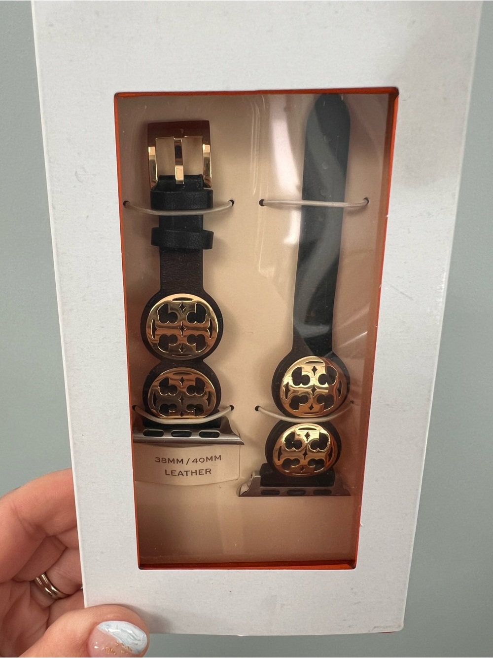 Tory Burch Black Leather Watch Strap Set with Gold Logo Accents